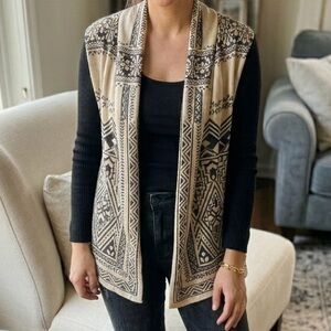 Lucky Brand Black & Cream Geometric Open-Front Shawl Cardigan - Size Small